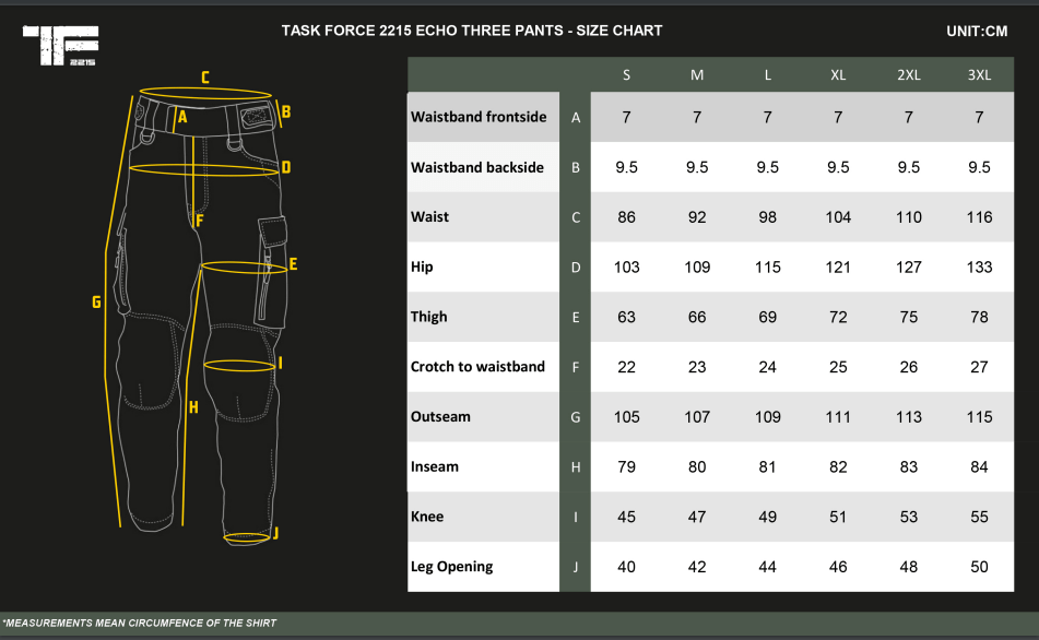 TF-2215 Echo Three pants size chart